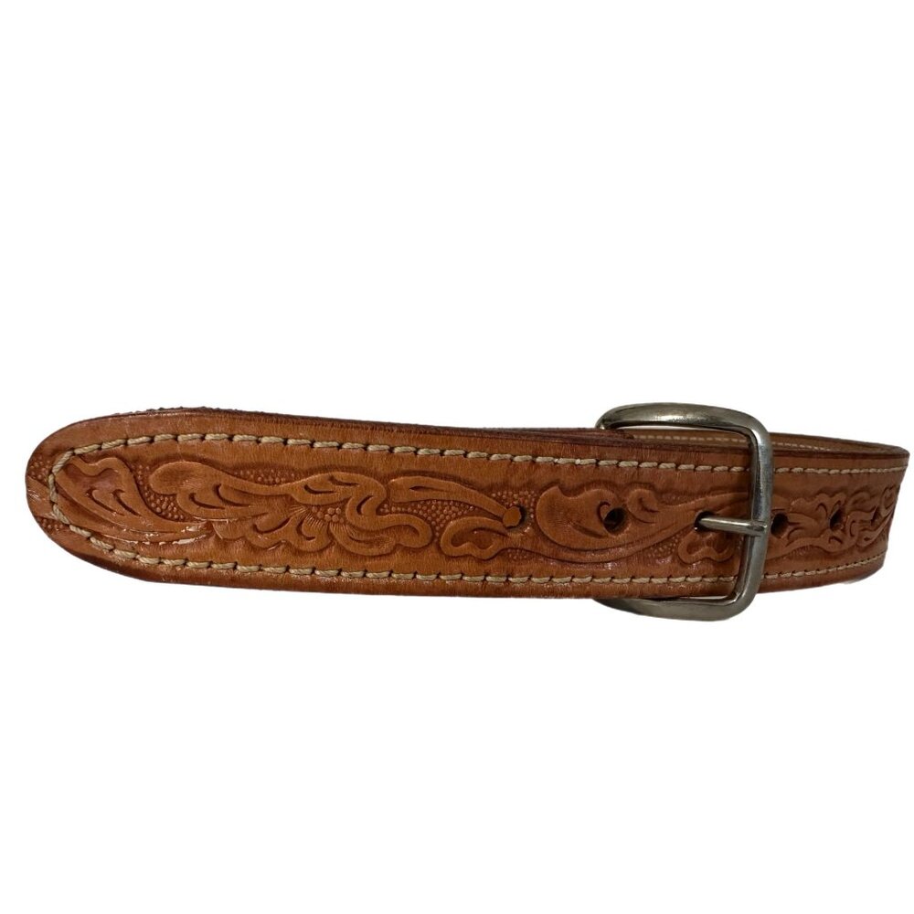 Looper 28” Tan Leather Hand Tooled Belt 1174 Gold Buckle **READ**